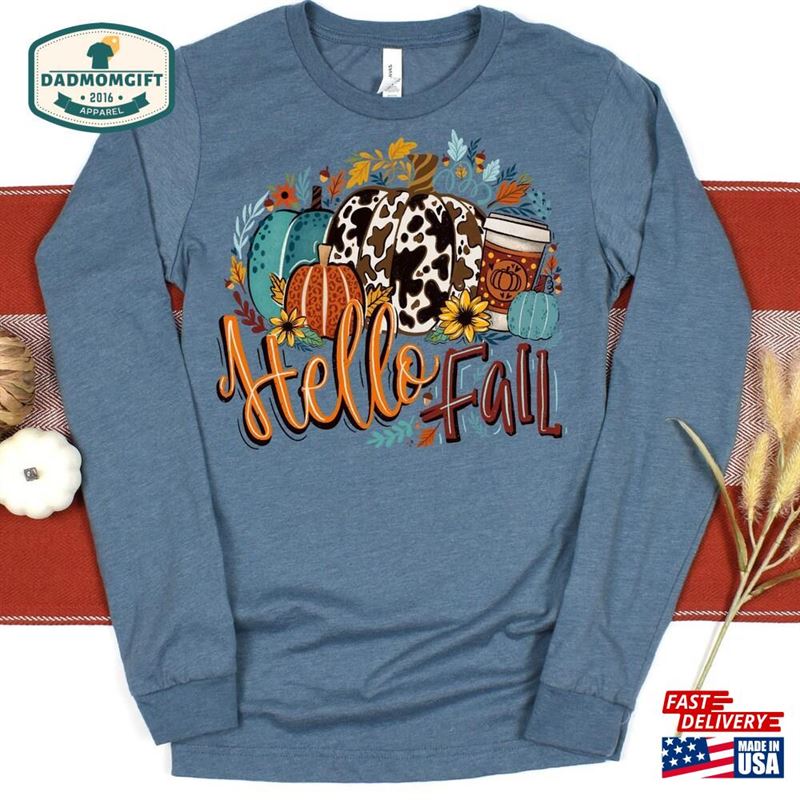 Hello Fall Long Sleeve Shirt Cow Print Hoodie Classic