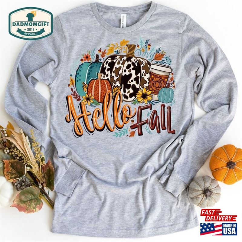 Hello Fall Long Sleeve Shirt Cow Print Hoodie Classic