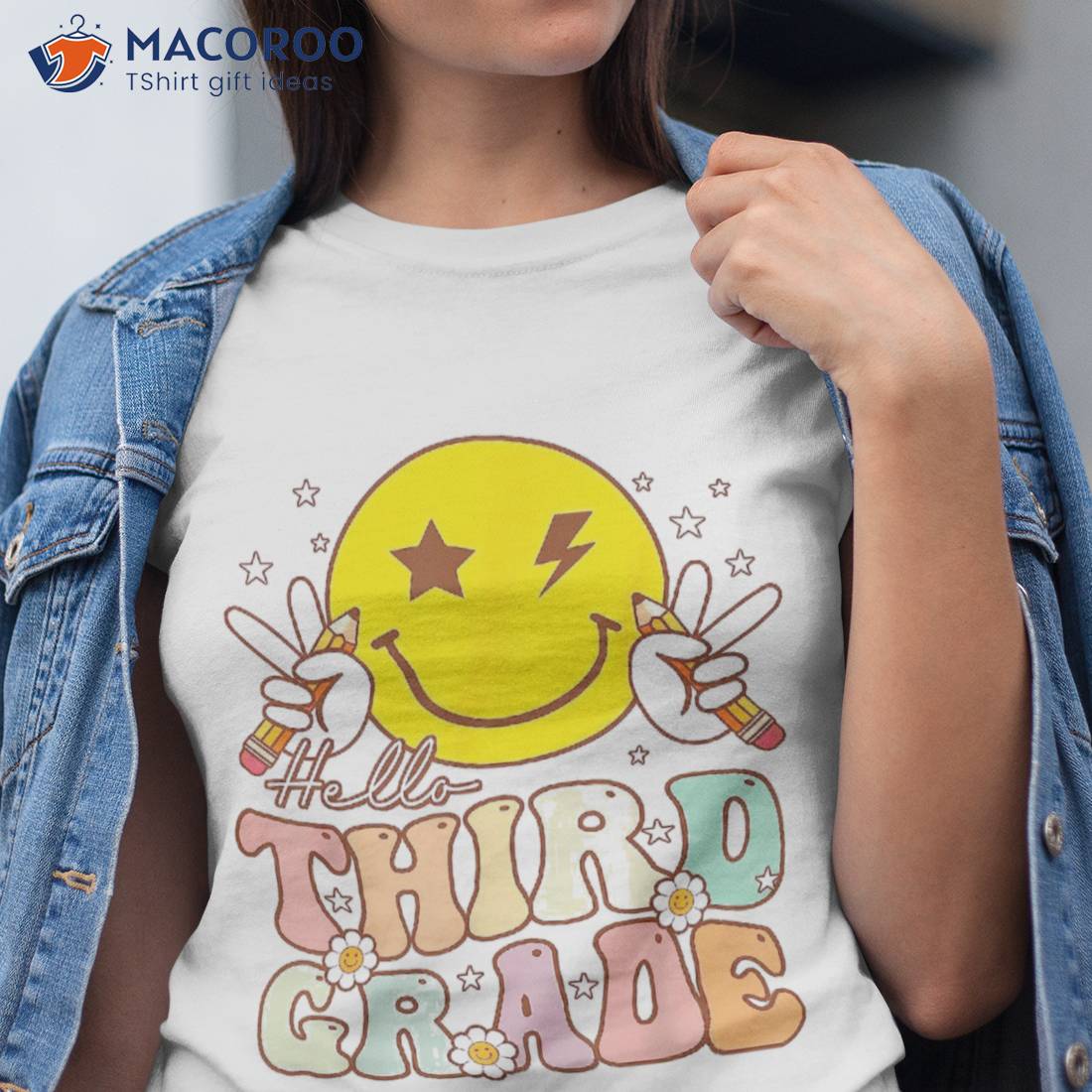 Hello Third Grade Hippie Smile Face 3rd Back To School Shirt