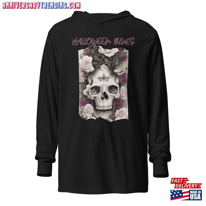 Hooded Long Sleeve Halloween Blues Skull T-Shirt Classic