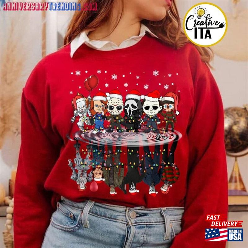 Horror Characters Christmas Lights Shirt Merry Creepmas Scary Movie Family Party 2023 Classic Unisex