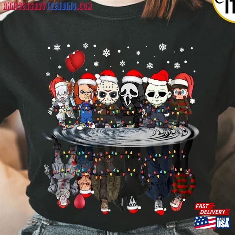 Horror Characters Christmas Lights Shirt Merry Creepmas Scary Movie Family Party 2023 Classic Unisex