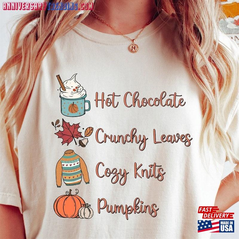 Hot Chocolate Crunchy Leaves Cozy Knits Pumpkins Sweatshirt Happy Thanksgiving Shirt Retro Unisex T-Shirt