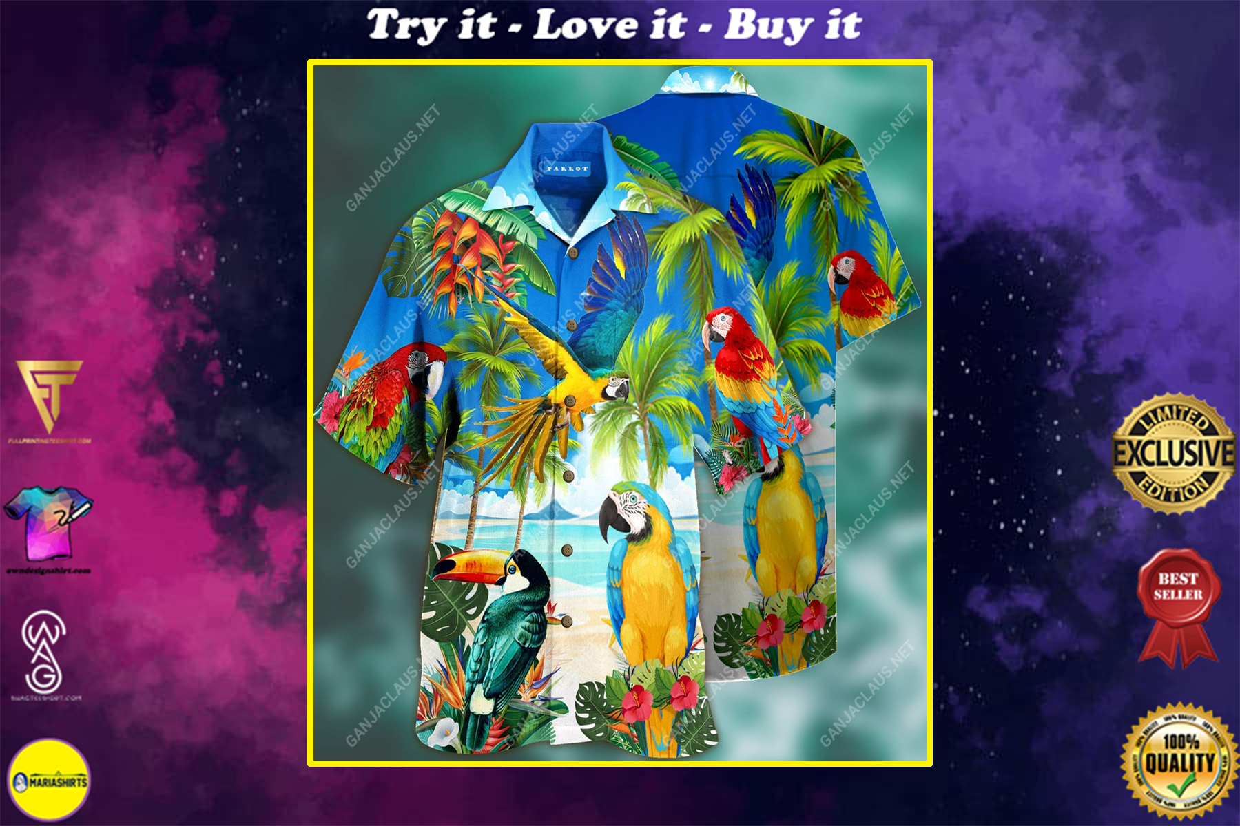 Parrots On The Beach Flag Full Printing Hawaiian Shirt