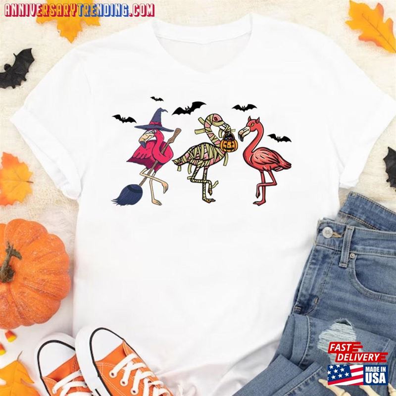 Pretty Flamingo Halloween T-Shirt Happy Witch Pumpkin Patch Hoodie