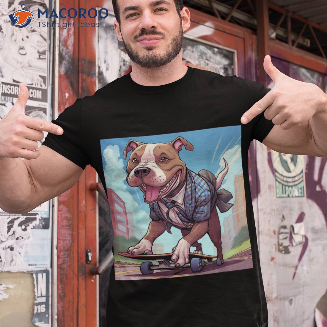 Retro Skateboarding Pitbull Dog Skateboard Shirt