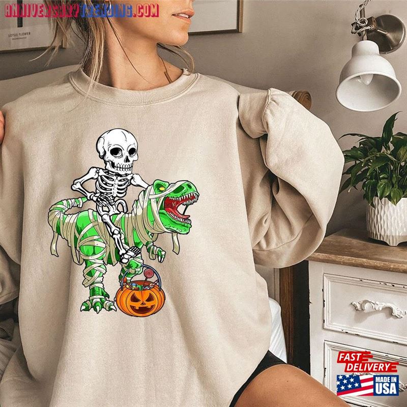 Skeleton Riding Dinosaur Shirt Halloween Gift Kids T-Shirt Classic