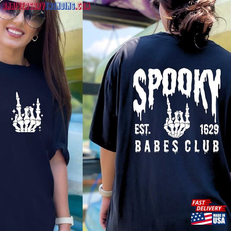 Spooky Babes Club Shirt Printed Front And Back Vintage Skeleton Halloween Unisex Hoodie