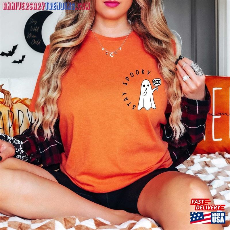 Stay Spooky Shirt Minimal Halloween Ghost Pocket T-Shirt Unisex