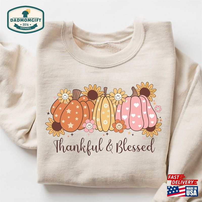 Thankful Blessed Sweatshirt Retro Fall Kids Shirt Thanksgiving Pumpkin Hoodie Classic