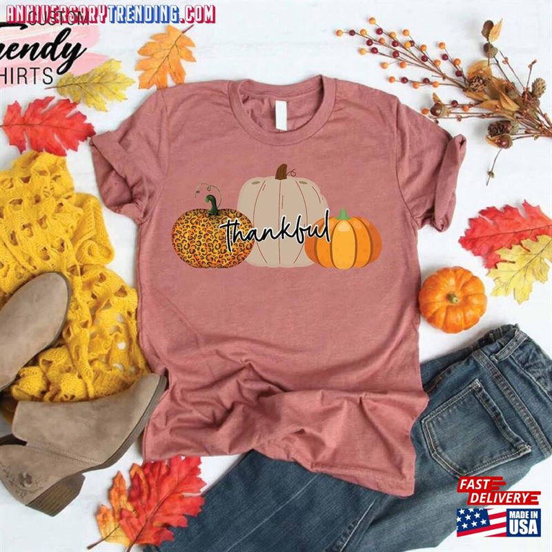 Thankful Fall Shirt Leopard Pumpkin Thanksgiving T-Shirt Hoodie