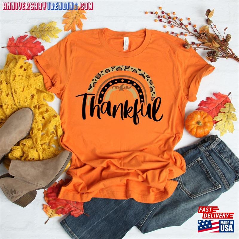 Thankful Rainbow Pumpkin Shirt Thanksgiving Vacation Family T-Shirt Unisex