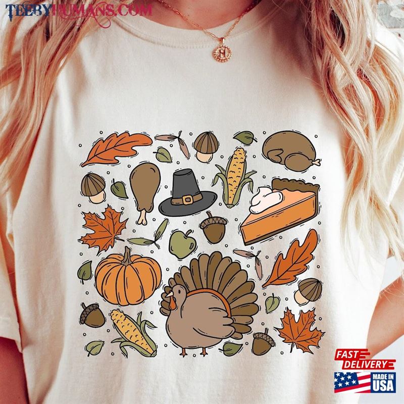 Thanksgiving Doodles Pumpkin Leaves Sweatshirt Happy Turkey Day Hoodie T-Shirt Classic