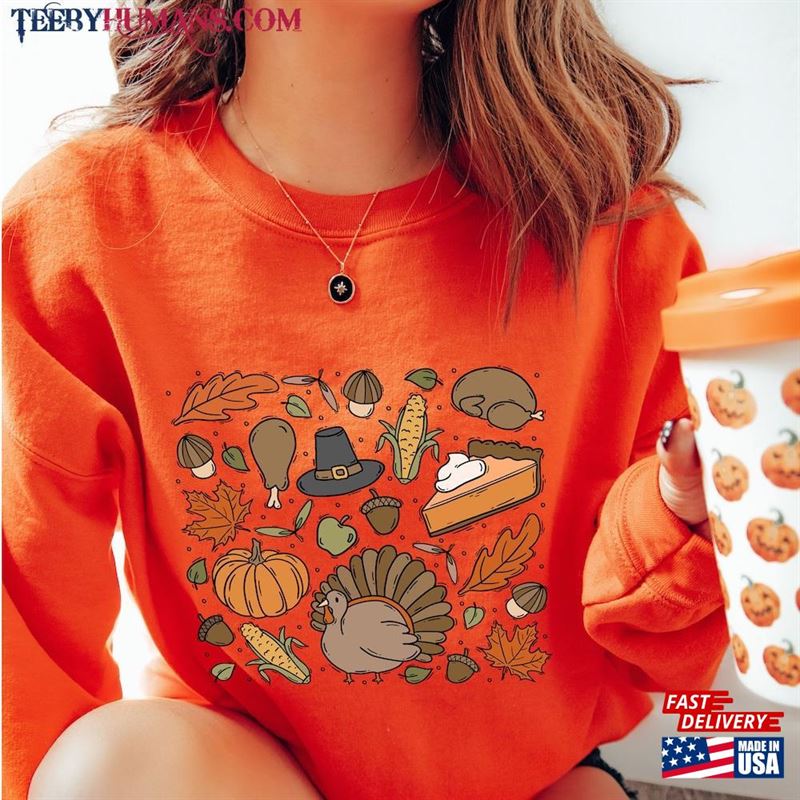 Thanksgiving Doodles Pumpkin Leaves Sweatshirt Happy Turkey Day Hoodie T-Shirt Classic