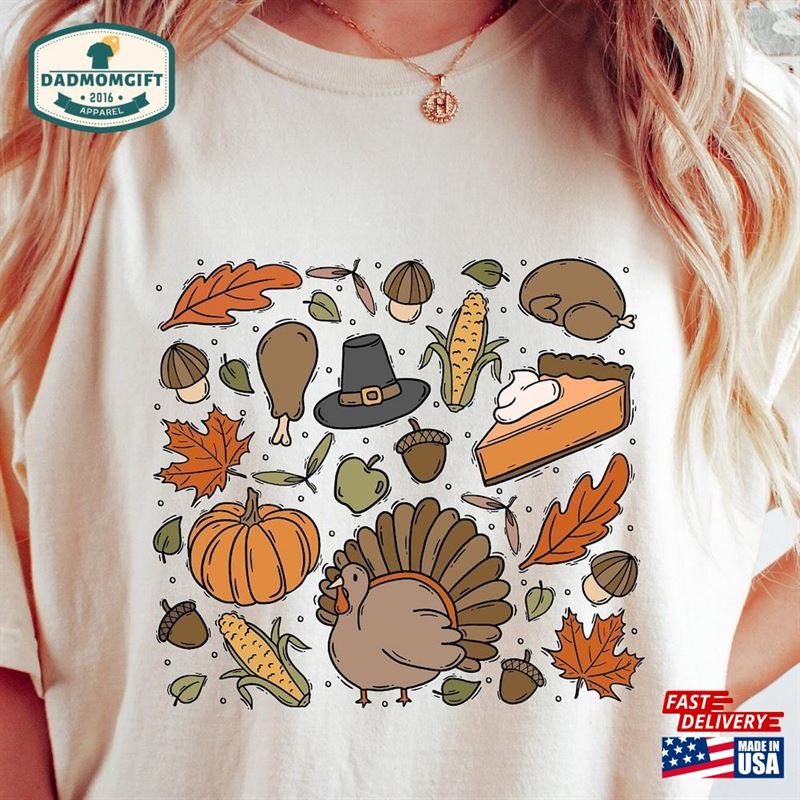 Thanksgiving Doodles Pumpkin Leaves Sweatshirt Happy Turkey Day Hoodie Unisex Classic