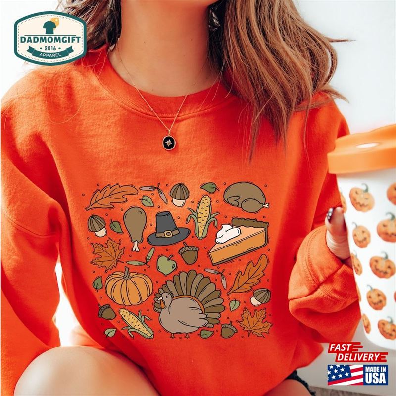 Thanksgiving Doodles Pumpkin Leaves Sweatshirt Happy Turkey Day Hoodie Unisex Classic