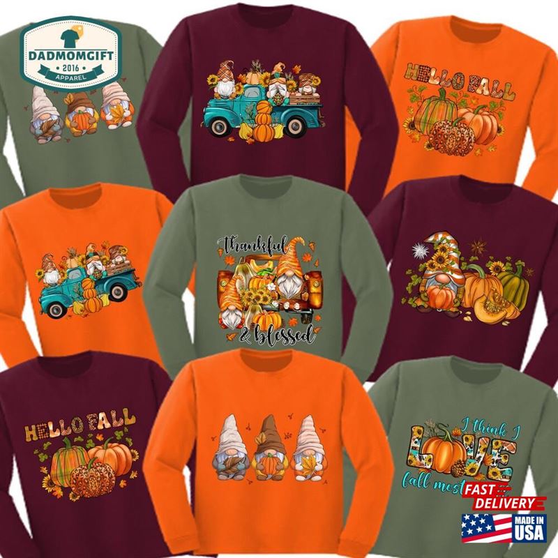 Thanksgiving Long Sleeve Shirt Fall Gnomes Truck Pumpkin T-Shirt Unisex