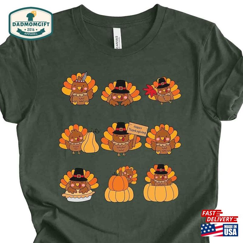 Thanksgiving Tee Cute Turkeys In A Row And Pumpkins On Premium Unisex Shirt Sweatshirt Classic