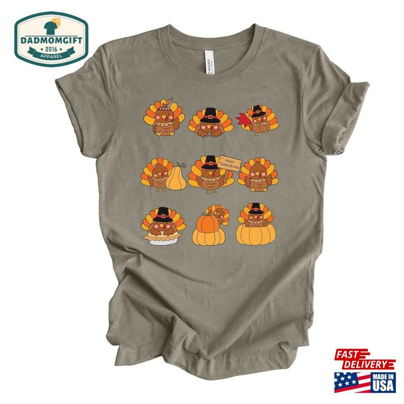 Thanksgiving Tee Cute Turkeys In A Row And Pumpkins On Premium Unisex Shirt Sweatshirt Classic