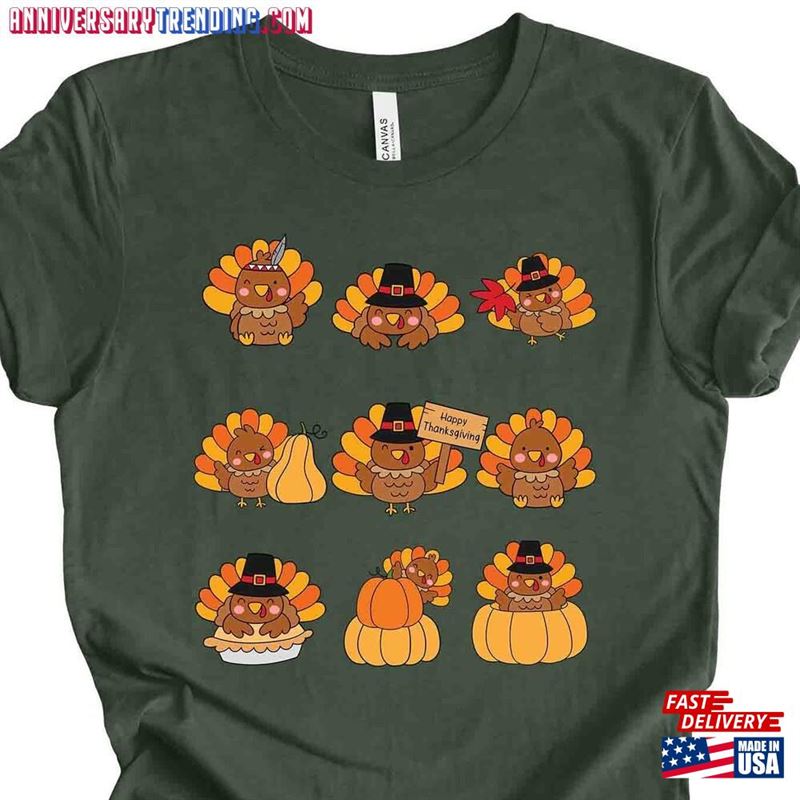 Thanksgiving Tee Cute Turkeys In A Row And Pumpkins On Premium Unisex Shirt T-Shirt Sweatshirt