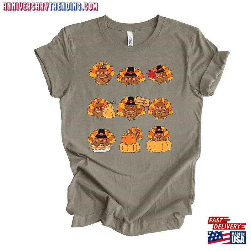 Thanksgiving Tee Cute Turkeys In A Row And Pumpkins On Premium Unisex Shirt T-Shirt Sweatshirt