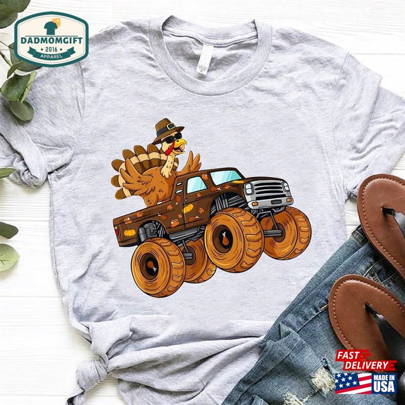 Turkey Riding Monster Truck Shirt Boys Thanksgiving Fall Gift For Kids Unisex Classic