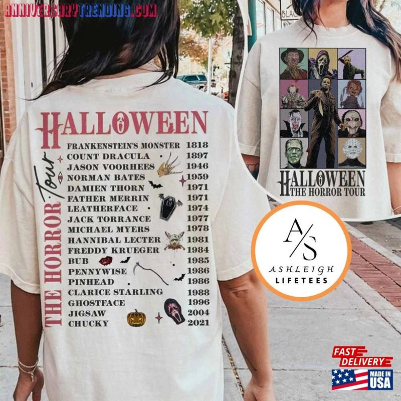 Two Sided Vintage Halloween Characters The Horror Tour Shirt Universal Studios Nights 2023 Classic Unisex