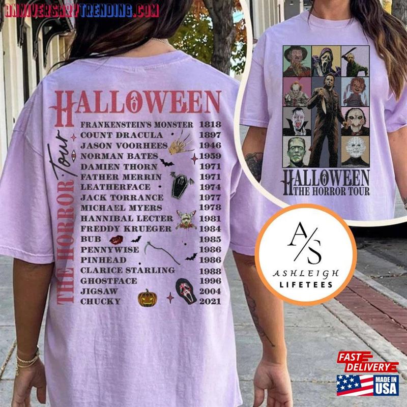 Two Sided Vintage Halloween Characters The Horror Tour Shirt Universal Studios Nights 2023 Classic Unisex