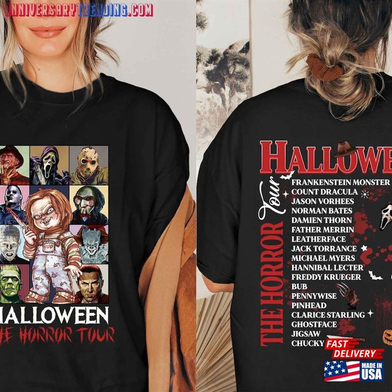 Two Sided Vintage Halloween Characters The Horror Tour Shirt Universal Studios Nights 2023 Sweatshirt Unisex