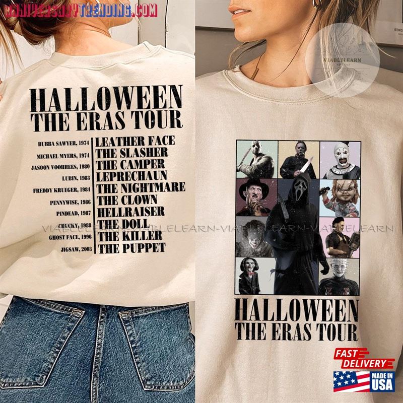 Two Sided Vintage Halloween Characters The Horror Tour Sweatshirt Universal Studios Nights 2023 T-Shirt