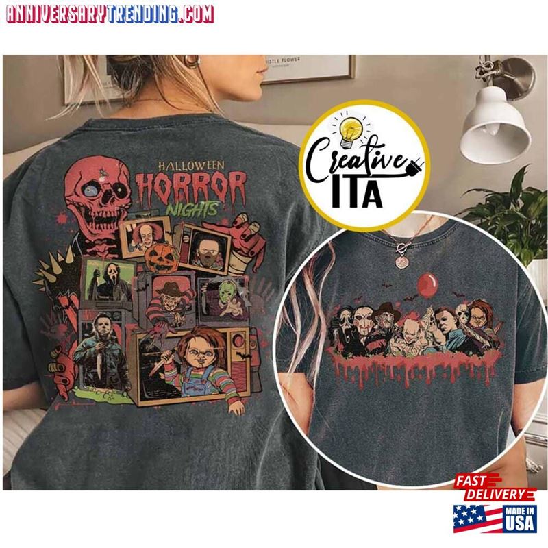 Two Sided Vintage Universal Studios Halloween Horror Nights 2023 Shirt Movie Character Costume T-Shirt Hoodie