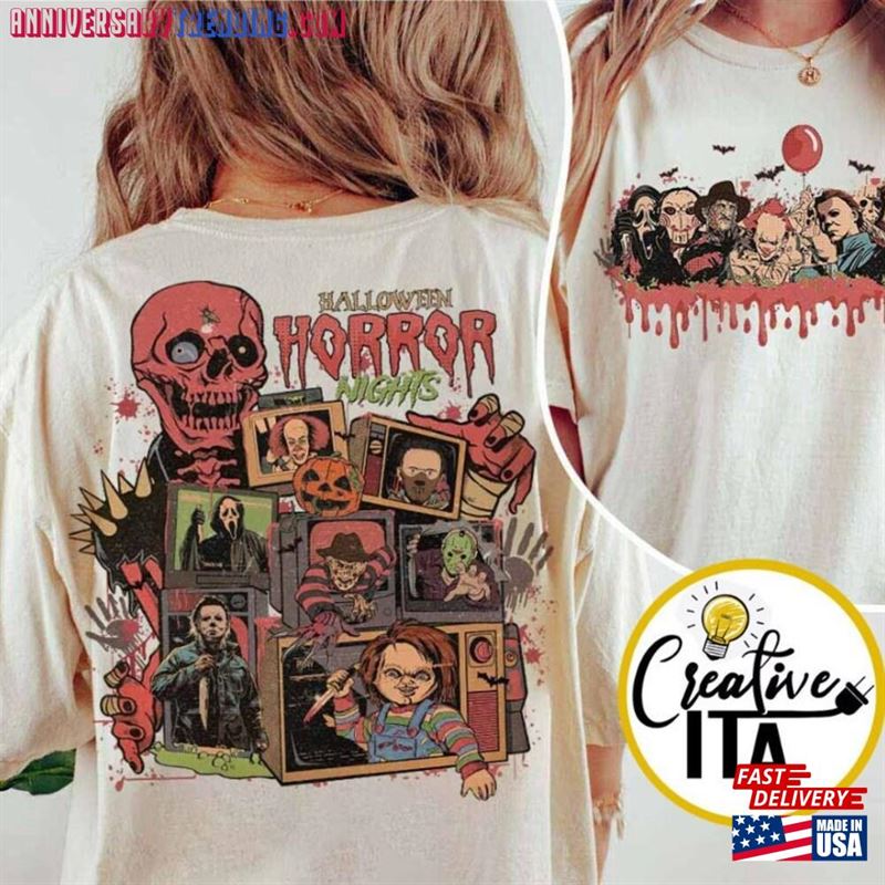 Two Sided Vintage Universal Studios Halloween Horror Nights 2023 Shirt Movie Character Costume T-Shirt Hoodie