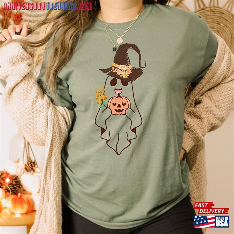 Vintage Cute Ghost Face Shirt Gift For Halloween Lover Retro Fall Witch Hat Floral Art Teacher Unisex Classic