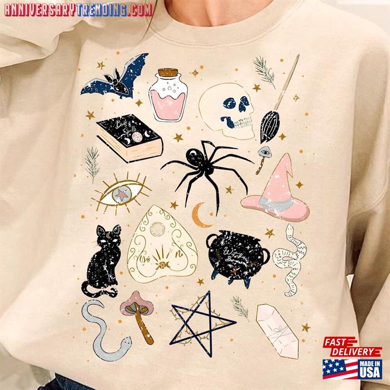 Vintage Halloween Doodles Sweater Retro Witchy Things Spooky Squad Comfort Color Shirt Skeleton Unisex T-Shirt Hoodie Classic
