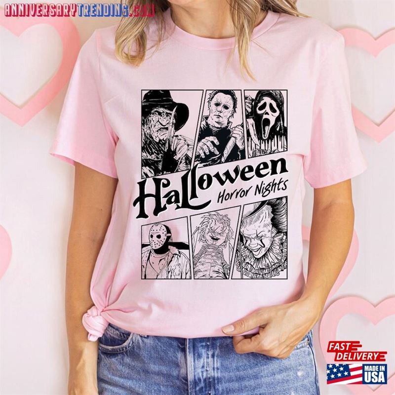 Vintage Halloween Horror Nights Comfort Shirt Retro Characters Scary Movie Costume Classic Unisex