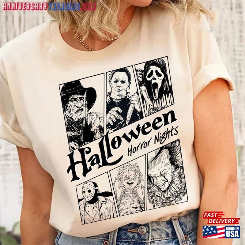 Vintage Halloween Horror Nights Comfort Shirt Retro Characters Scary Movie Costume Classic Unisex