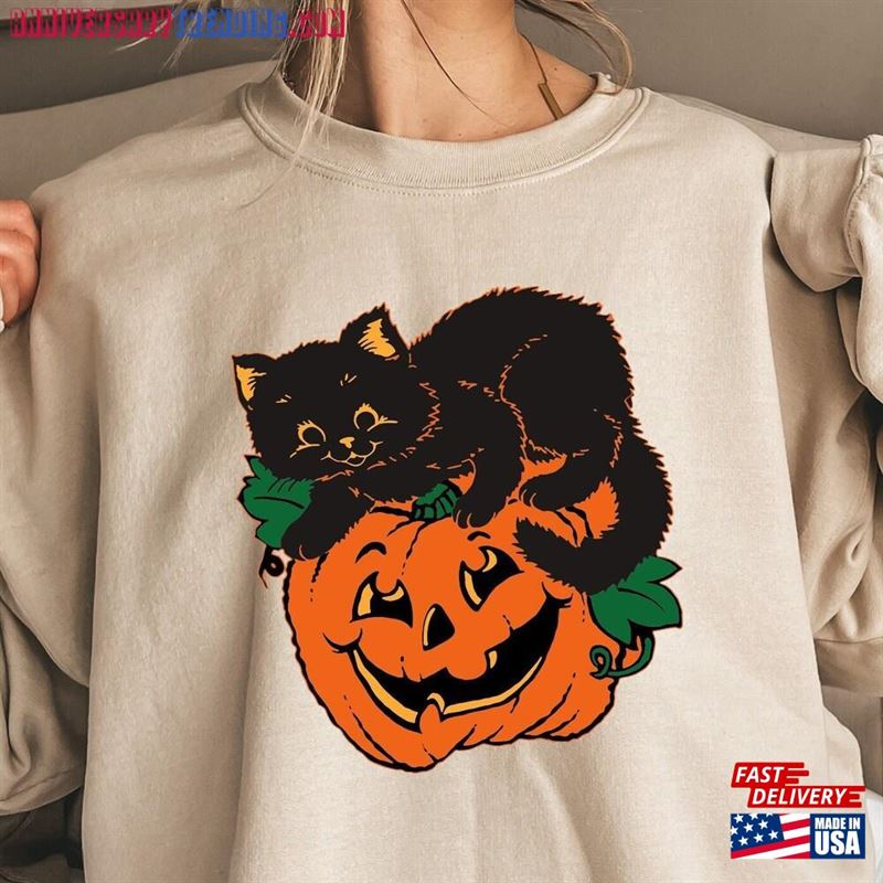 Vintage Halloween Sweatshirt And Hoodie Pumpkin Cat T-Shirt