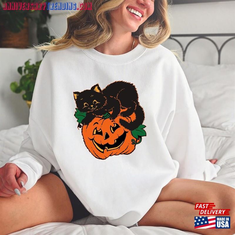 Vintage Halloween Sweatshirt And Hoodie Pumpkin Cat T-Shirt