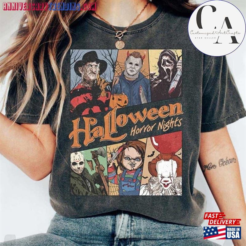 Vintage Universal Studios Halloween Horror Nights Shirt Retro Characters Group Scary Movie Costume Unisex Hoodie