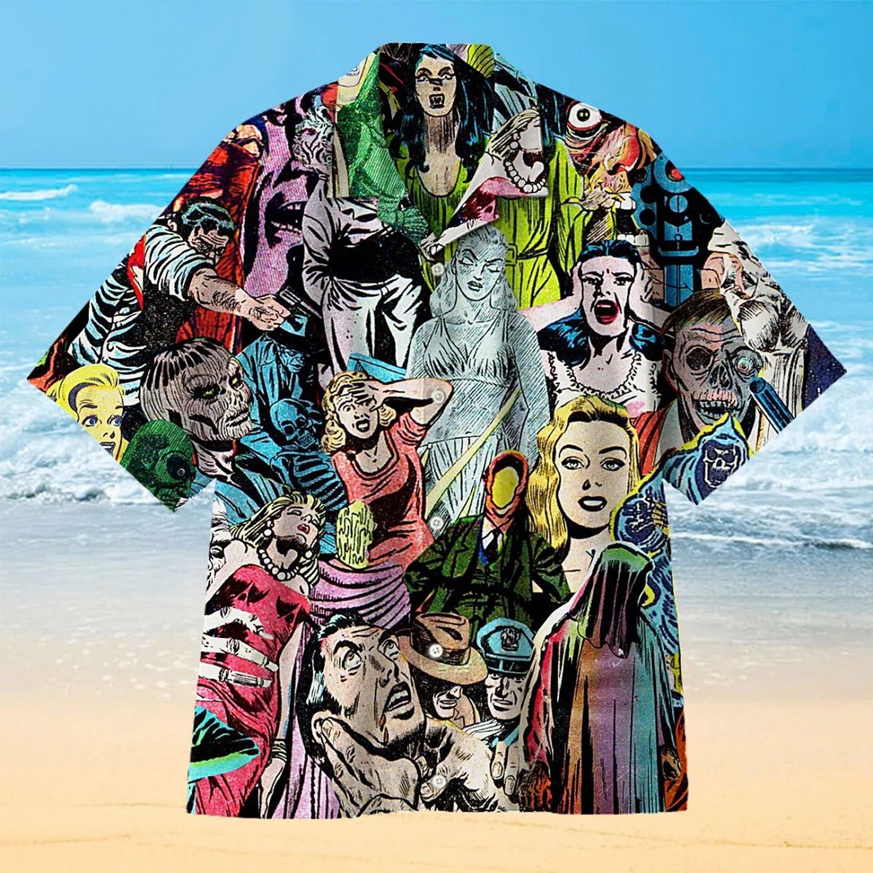 1950s Horror Comics Hawaiian Beach Button Downs Shirt