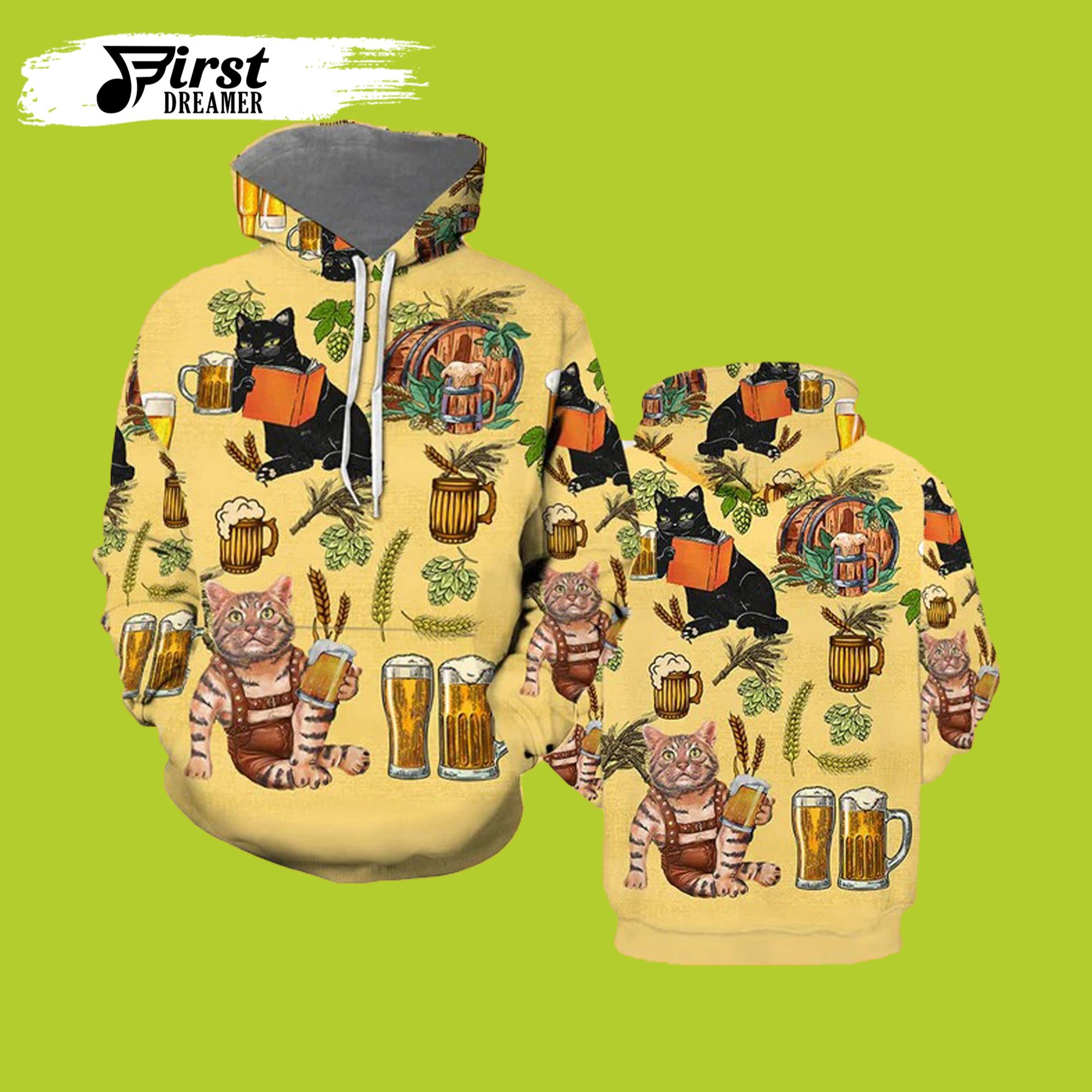 3D Beer Hoodies Funny Cat And Beer