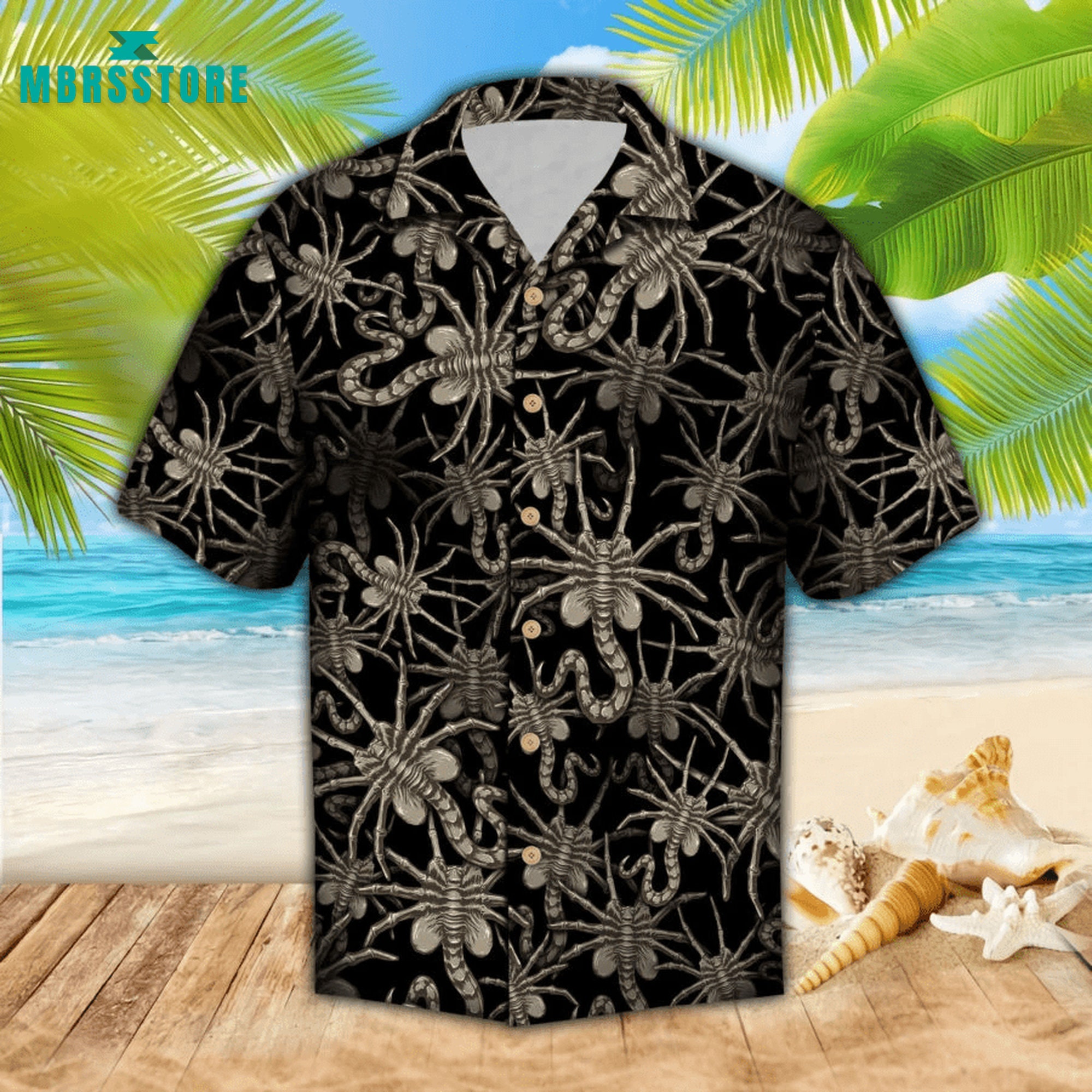 Alien Face Hugger Surfing Button Up Funny Hawaiian Shirt