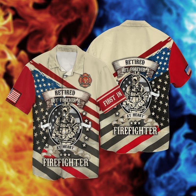 American Flag Retired Firefighter Retired But Forver A At Heart Firefjghter Hawaiian Shirt