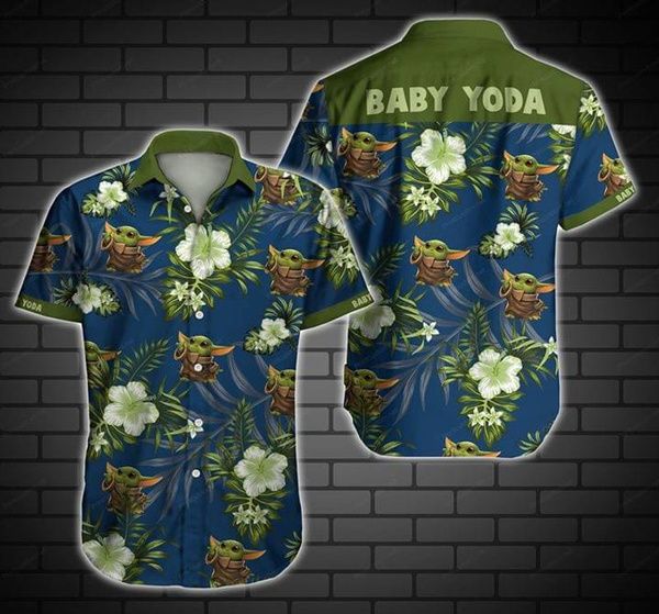 Baby Yoda Green Mandalorian Tropical Flowers Hawaiian Shirt