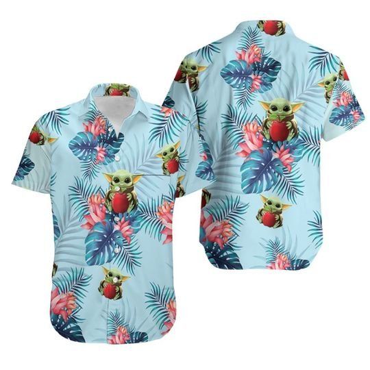 Baby Yoda Hugging Apples Seamless Tropical Colorful Flowers Blue Leaves On Blue Hawaiian Shirt