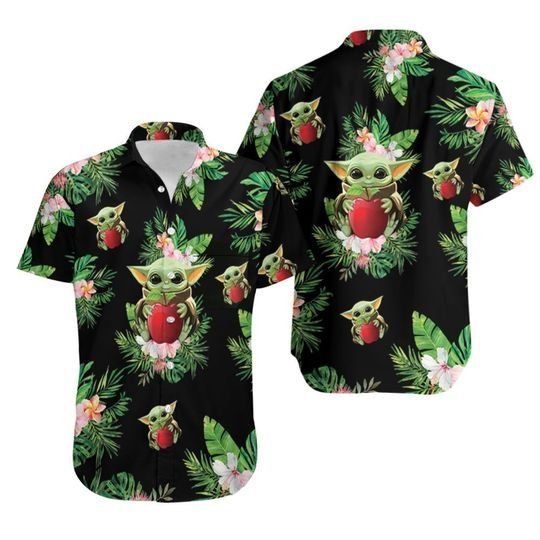 Baby Yoda Hugging Apples Seamless Tropical Green Leaves On Black Hawaiian Shirt