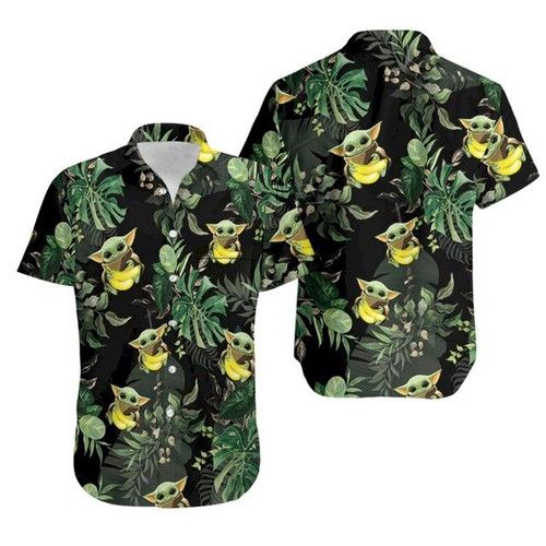 Baby Yoda Hugging Bananas Tropical Leaves Hawaiian Shirt