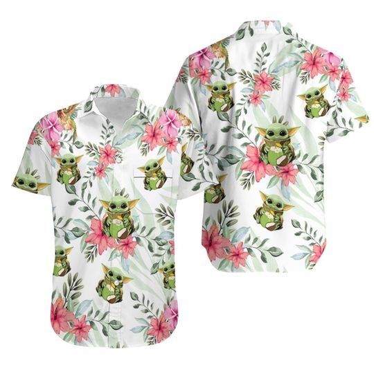 Baby Yoda Hugging Coconuts Seamless Tropical Colorful Flowers On White Hawaiian Shirt