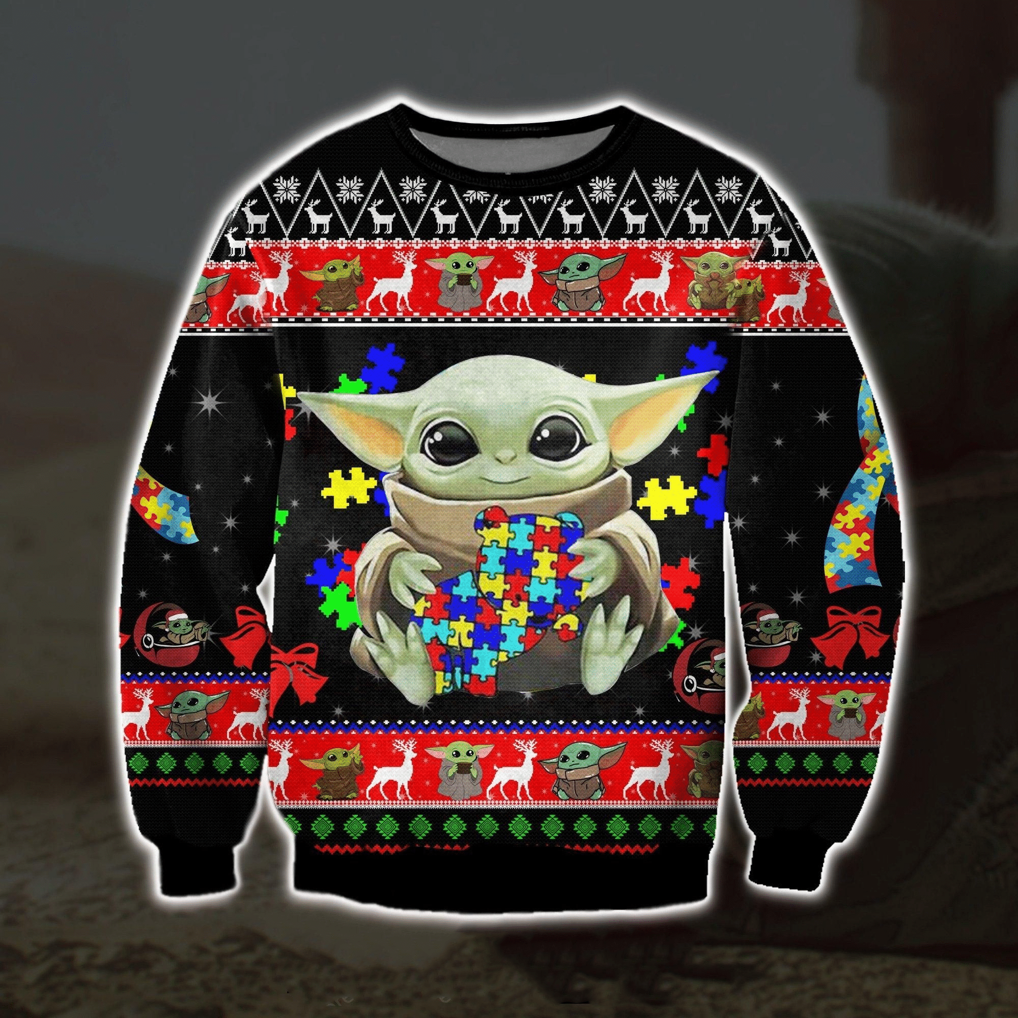 Baby Yoda With Puzzles Autism Ugly Sweater Gifts, Baby Yoda Gift Fan Ugly Sweater- Best Christmas Gifts 2023