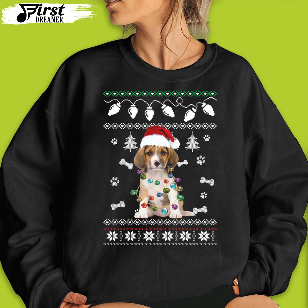 Beagle Dog Christmas Light Santa Hat Dog Christmas T-Shirt